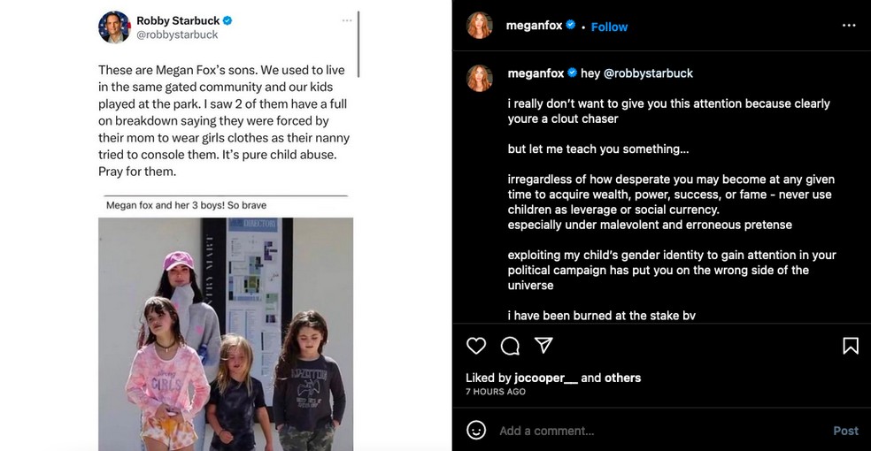 A publicação de Megan Fox no Instagram, com o print do post do político e a resposta dela sobre o tema — Foto: Instagram