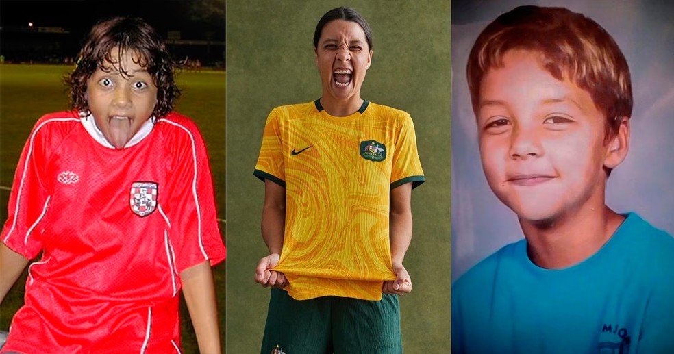 A atacante australiana Sam Kerr entre fotos tiradas na infância — Foto: reprodução facebook e instagram