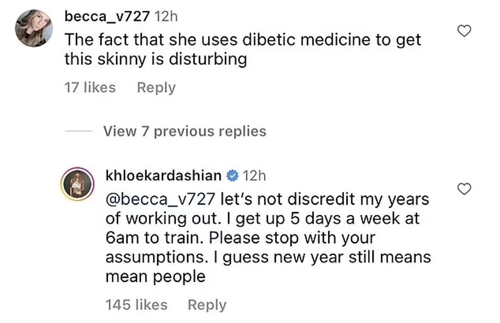 Khloé Kardashian rebateu seguidora que a acusou de usar remédios para emagrecer — Foto: Instagram