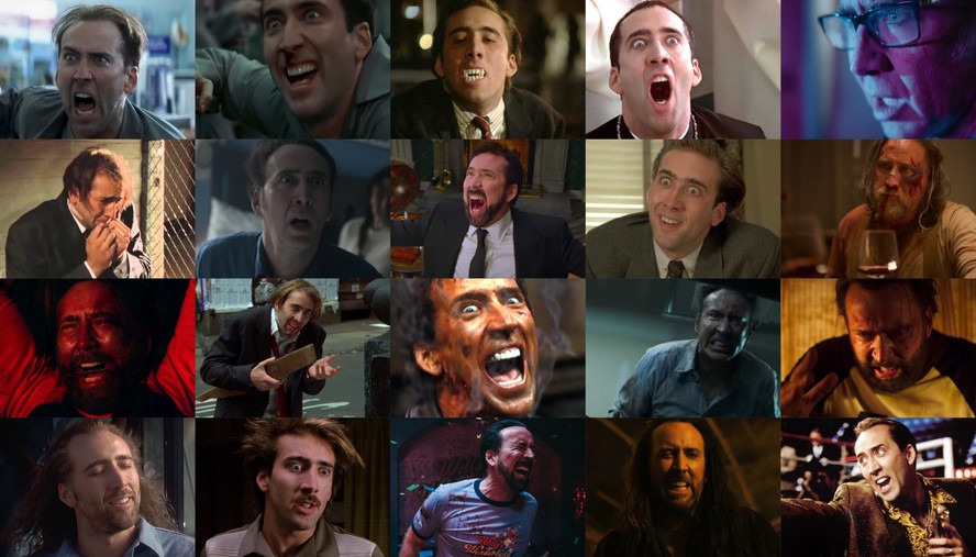 Mosaico com caras de 'pirado' de Nicolas Cage em filmes