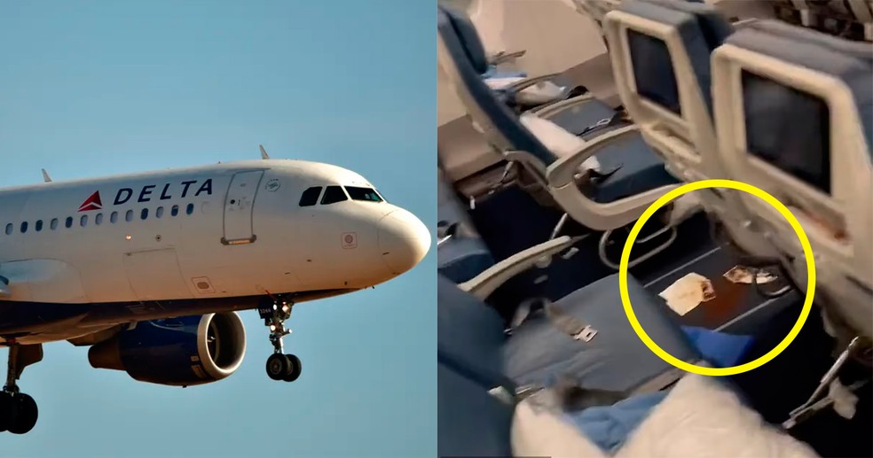 Avião da Delta Airlines e imagem do interior da aeronave após 'ataque de diarreia' — Foto: getty e reprodução/twitter