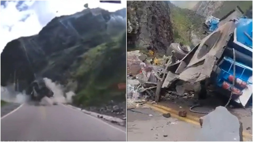 Câmera na cabine de automóvel flagra deslizamento de rocha gigante em estrada no Peru — Foto: reprodução