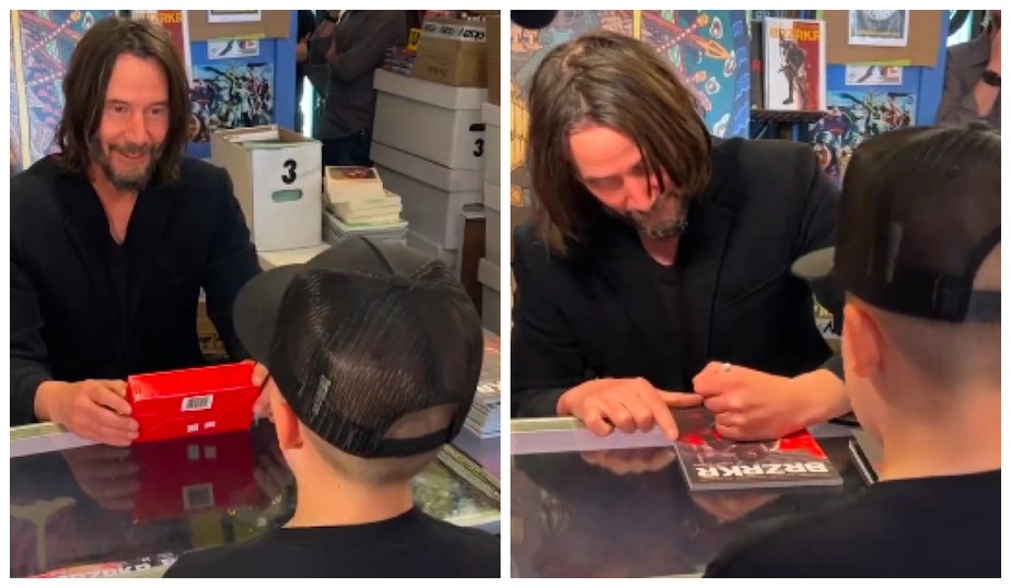 O ator Keanu Reeves em conversa animada com fã de 9 anos em loja de quadrinhos de Los Angeles
