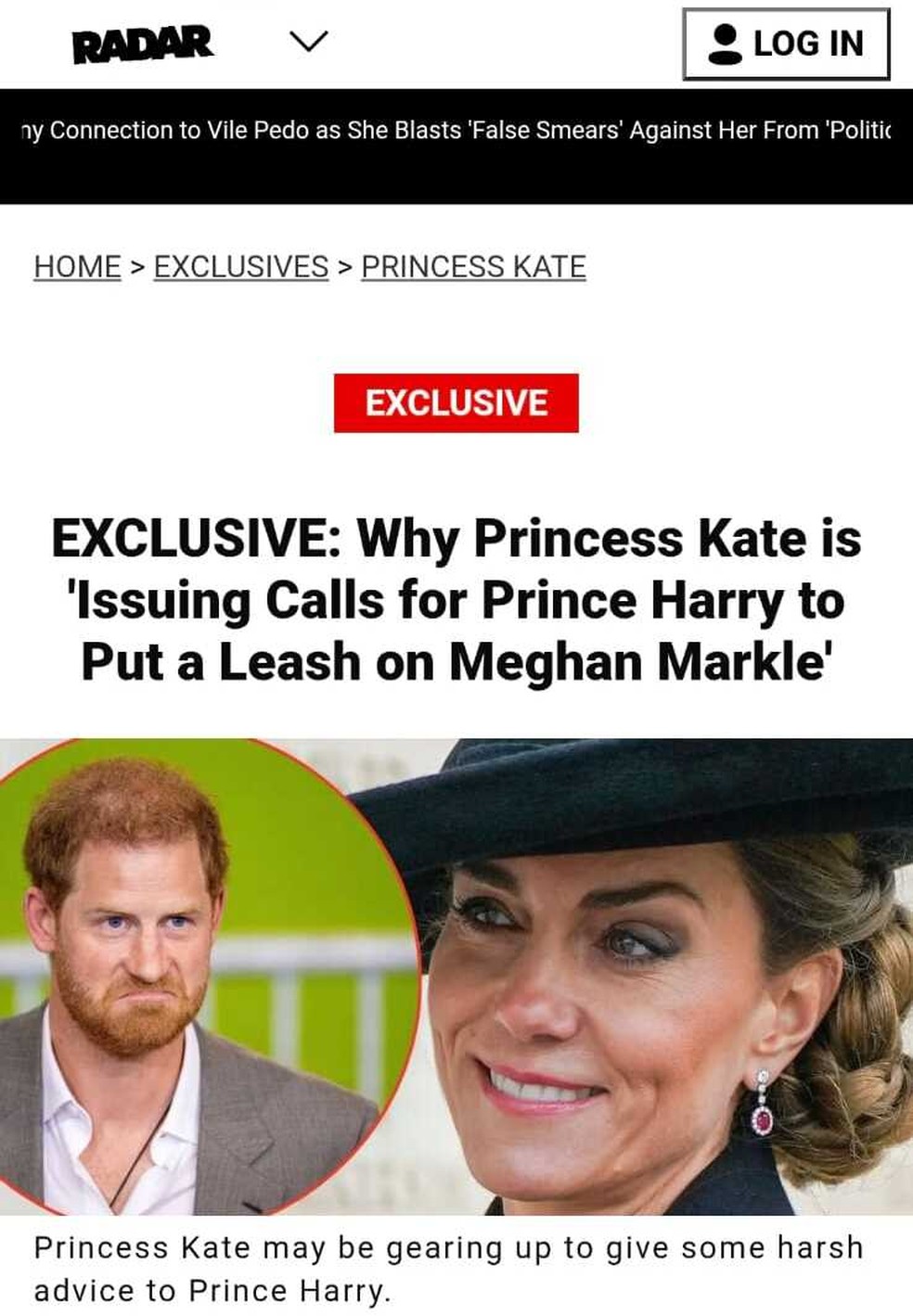 Reportagem do site 'Radar', com os motivos para Kate Middleton querer que Harry coloque freio em Meghan Markle — Foto: Reprodução