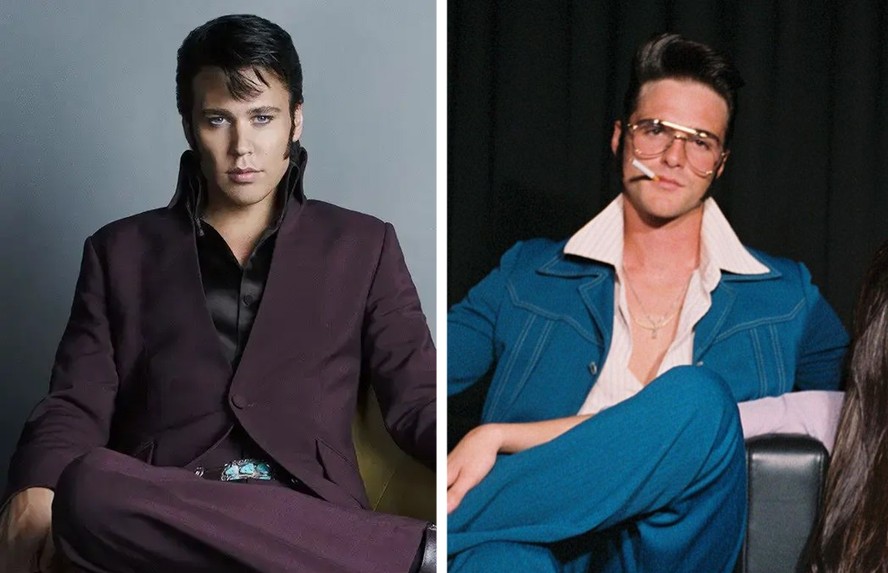 Austin Butler caracterizado como Elvis Presley em cinebiografia de 2022 (à direita) e Jacob Elordi vestido como o Rei do Rock em Halloween de 2020