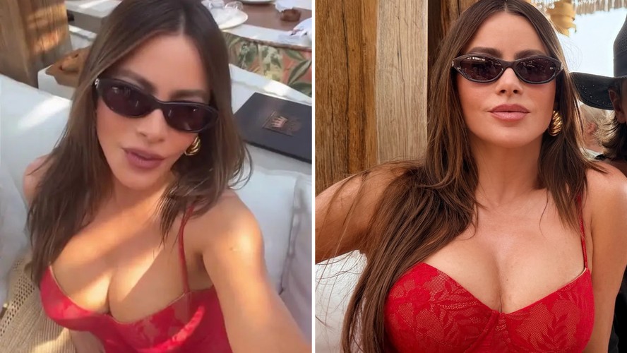 Sofía Vergara surge linda de vestido vermelho na Grécia