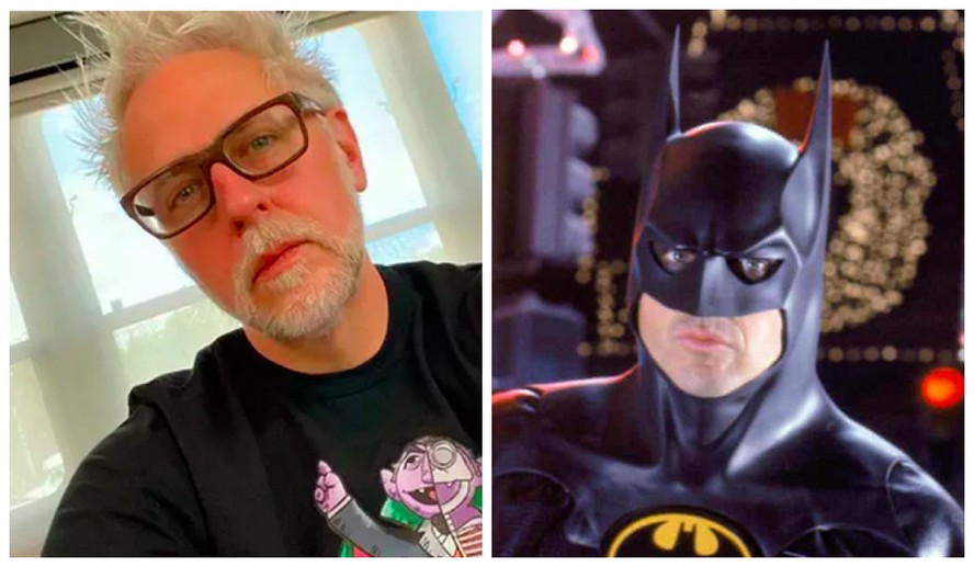 O cineasta James Gunn e o ator Michael Keaton como o herói Batman no filme de 1989 do personagem
