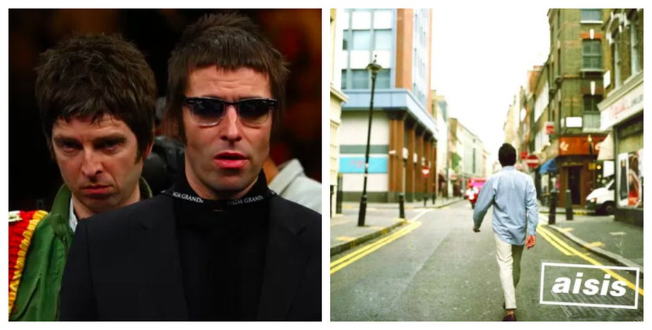 Noel Gallagher e Liam Gallagher na época do Oasis e a capa do álbum AISIS