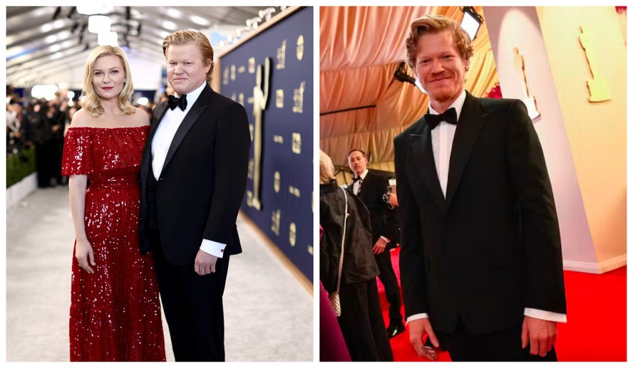 Jesse Plemons em foto de fevereiro de 2022, na companhia da esposa, Kirsten Dunst, e em registro no red carpet do Oscar 2024
