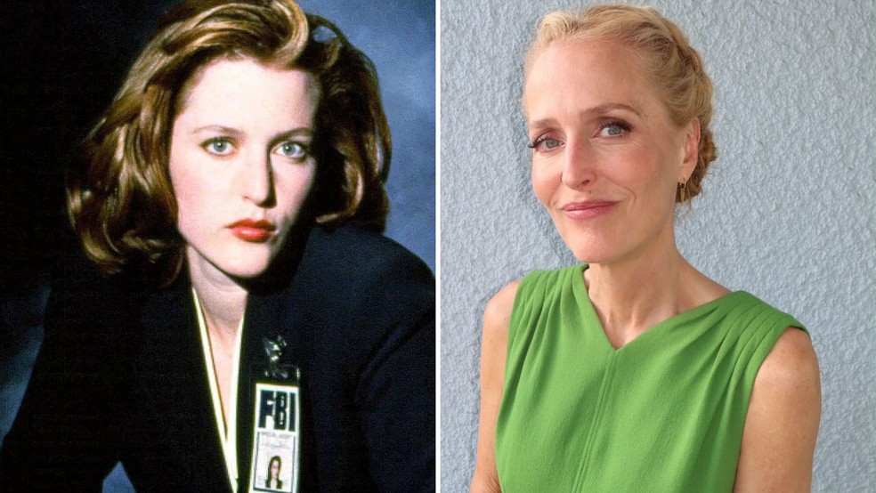 Gillian Anderson em 'Arquivo X'; ela em foto recente — Foto: Divulgação; Reprodução/Instagram
