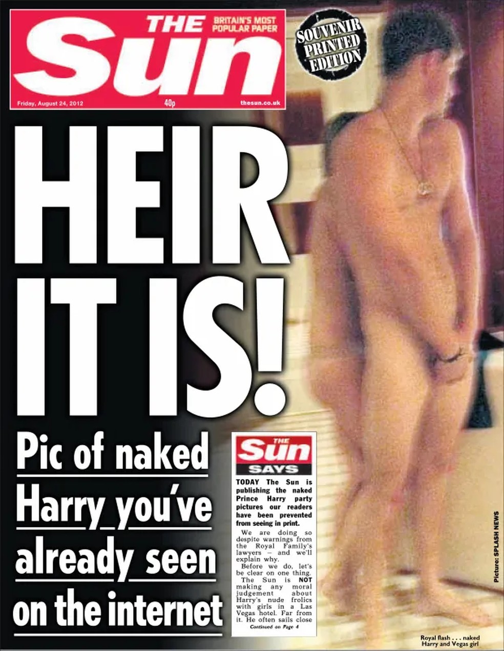 Capa do The Sun na época que Harry foi flagrado nu em Las Vegas — Foto: The Sun