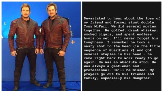 Chris Pratt se diz 'arrasado' com morte repentina do seu dublê em filmes da Marvel e 'Jurassic World' aos 47 anos