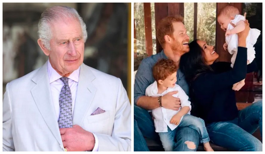 O Rei Charles III e o Príncipe Harry com a esposa e os filhos