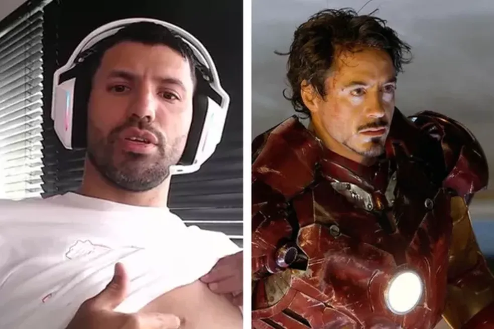 Aguero na live; Robert Downey Jr como Homem de Ferro — Foto: Reprodução