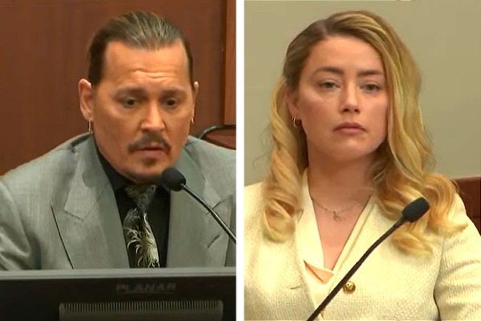 Johnny Depp e Amber Heard durante o julgamento do processo de difamação do ator contra a atriz em 20 de abril de 2022 (Foto: reprodução) — Foto: Monet