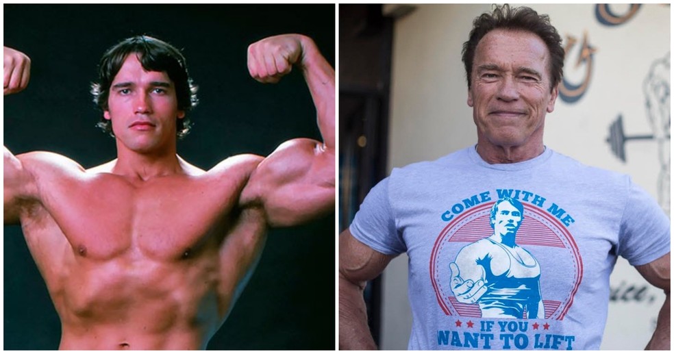 Antes e depois de Arnold Schwarzenegger  — Foto: Getty Images/Instagram