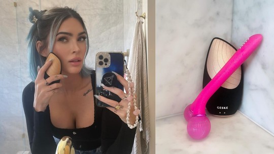 Megan Fox posa para fotos com produtos de skincare e formato inusitado de objeto confunde fãs: 'O que é essa coisa rosa?'