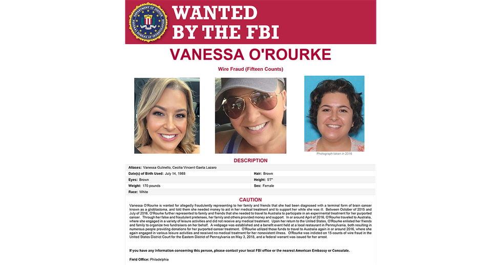 Cartaz de "procurada" de Vanessa O'Rourke emitido pelo FBI — Foto: reprodução/FBI