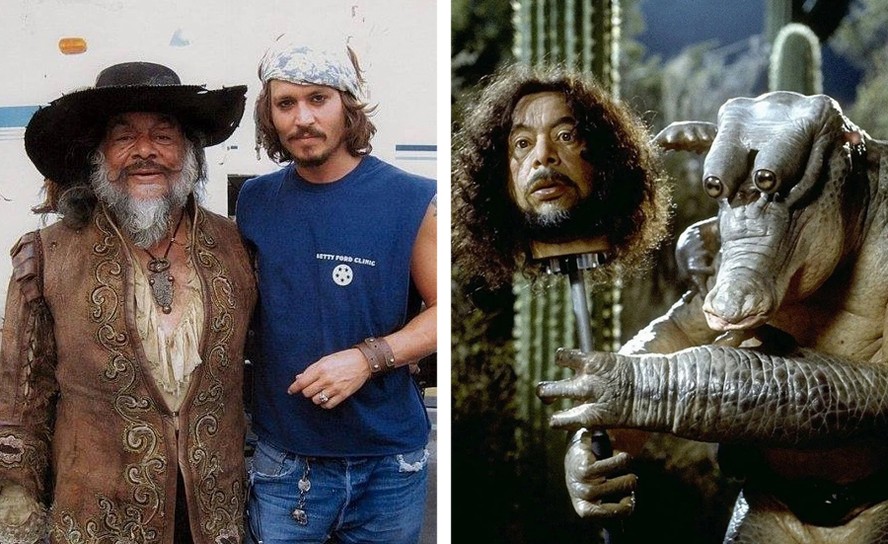 Sergio Calderón em bastidores de 'Piratas do Caribe: No Fim do Mundo', ao lado de Johnny Depp, e em cena de MIB: Homens de Preto