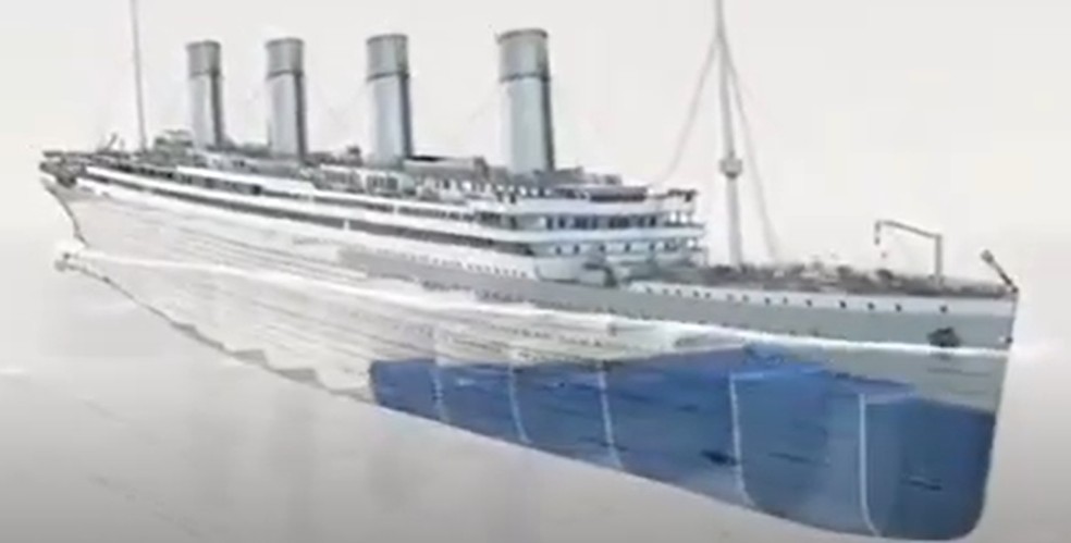 Rapidamente a água toma conta do Titanic — Foto: Reprodução
