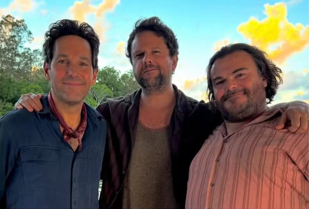 Paul Rudd, Selton Mello e Jack Black nos bastidores de 'Anaconda' — Foto: reprodução
