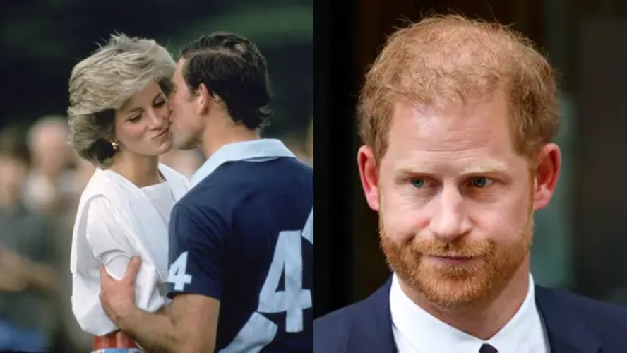 O então Príncipe Charles beijando com a Princesa Diana; o Príncipe Harry