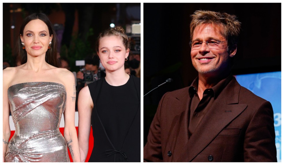 Angelina Jolie com a filha Shiloh e o ator Brad Pitt — Foto: Getty Images