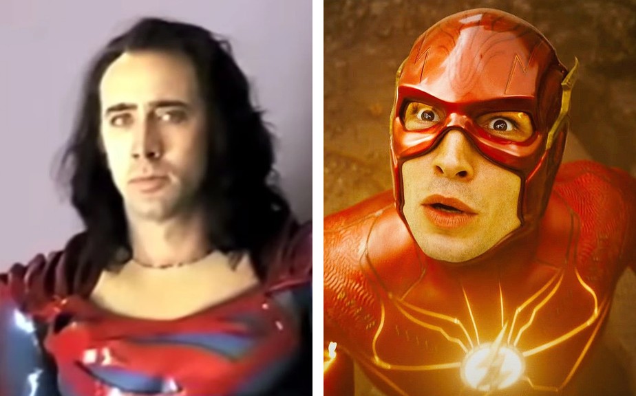 Nicolas Cage em vídeo de bastidores de 'Superman Lives', que nunca foi lançado, e Ezra Miller em 'The Flash' (2023)