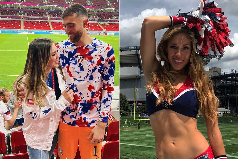 Ashley Herron com o marido Matt Turner e nos tempos como cheeleader da equipe da NFL New England Patriots — Foto: reprodução/Instagram