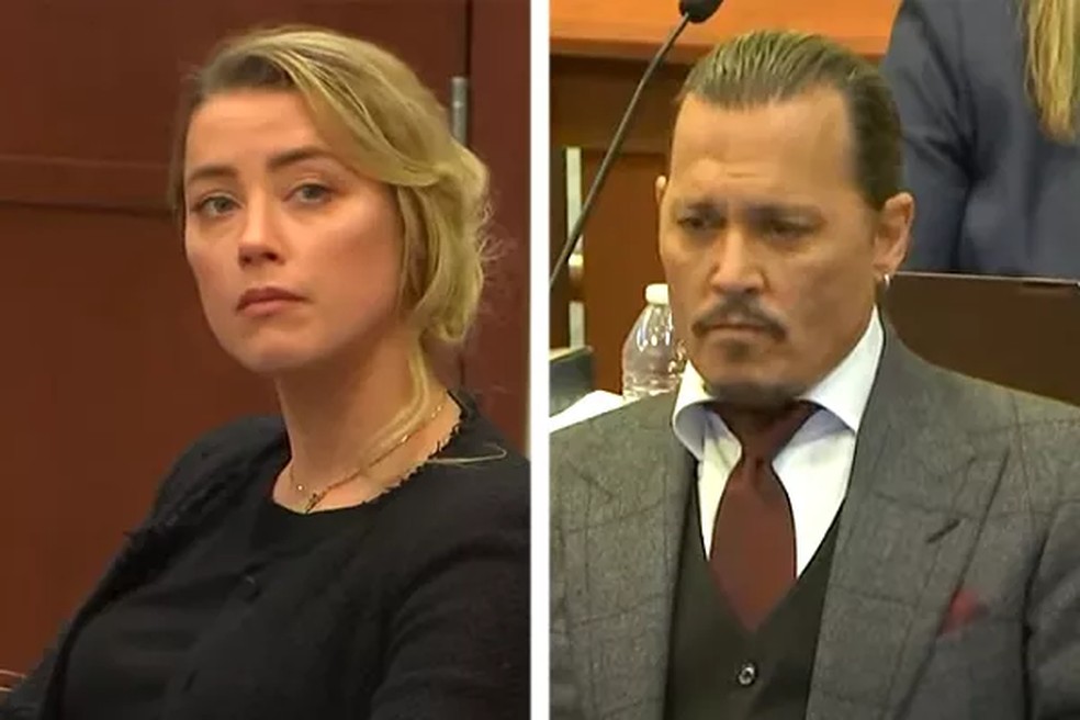 Amber Heard e Johnny Depp em julgamento no tribunal de Fairfax, na Virgínia, em 2022 — Foto: reprodução