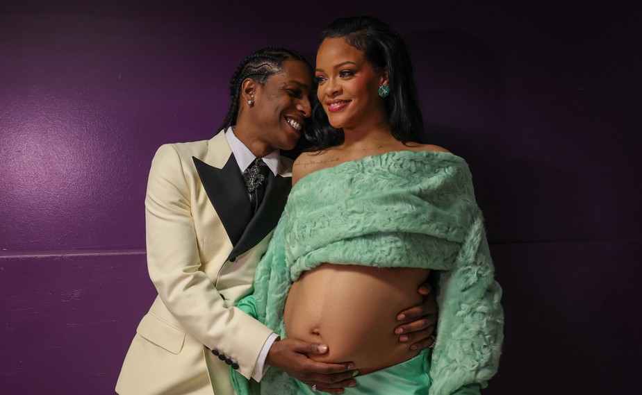 A$AP Rocky e Rihanna em registro de 2023, durante a gravidez da segunda criança deles
